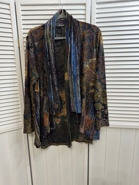 Textured Open-Front Women's Jacket in Multicolor Blue and Brown